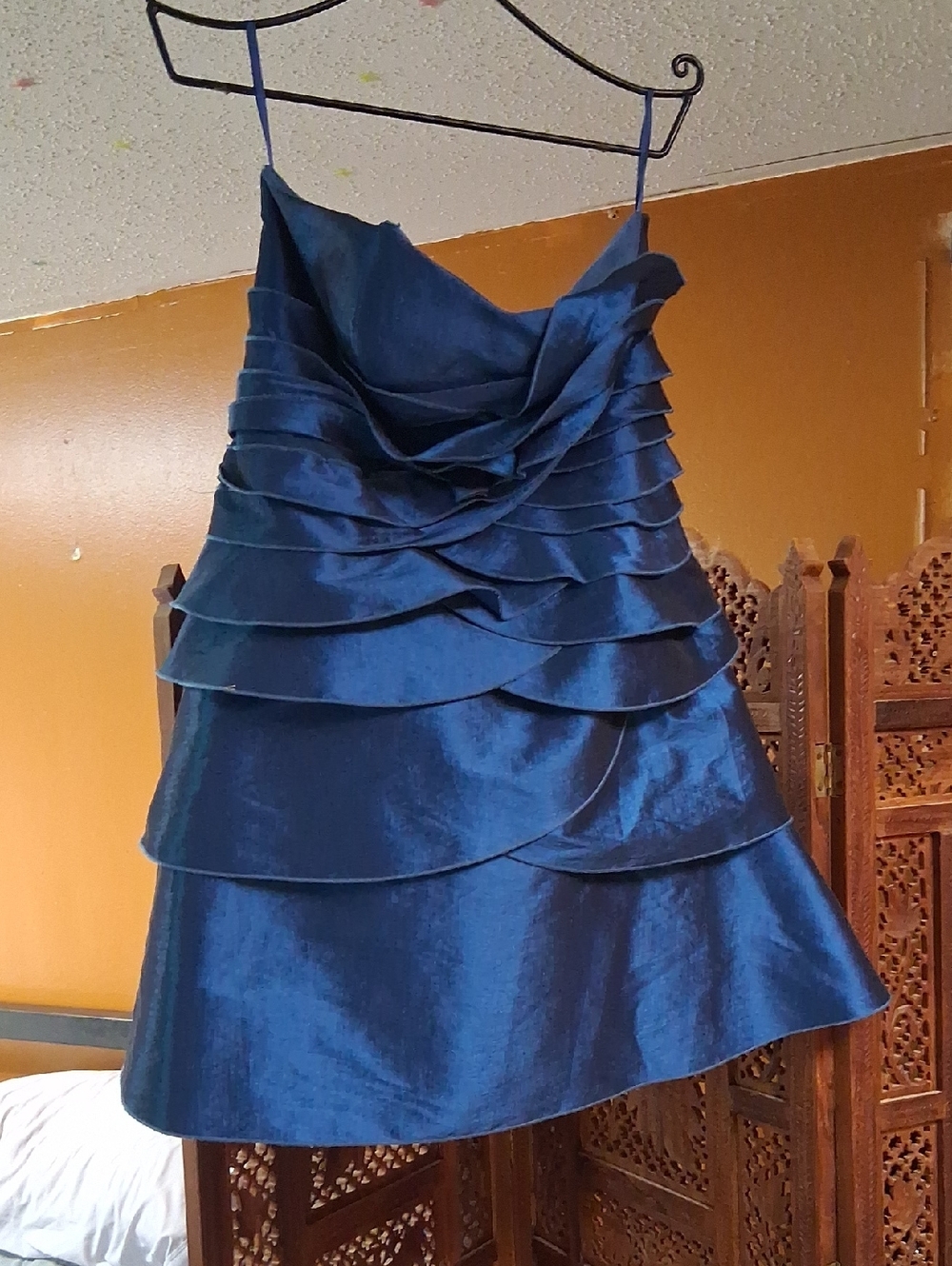Navy Blue Satin Tiered Ruffle Cocktail Dress